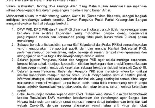 DPP PKB Keluarkan Rilis Pencegahan Penyebaran Virus Corona