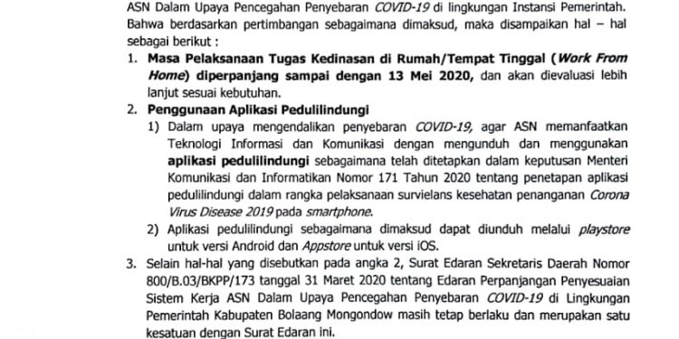 Pemkab Bolmong Perpanjang Tugas Kedinasan ASN di Rumah