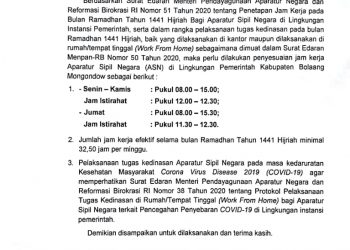 Berikut Jam Kerja ASN Bolmong Selama Bulan Ramadhan