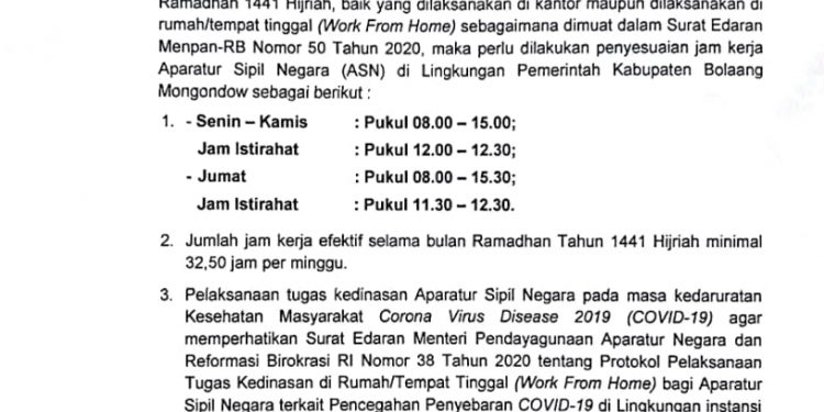 Berikut Jam Kerja ASN Bolmong Selama Bulan Ramadhan