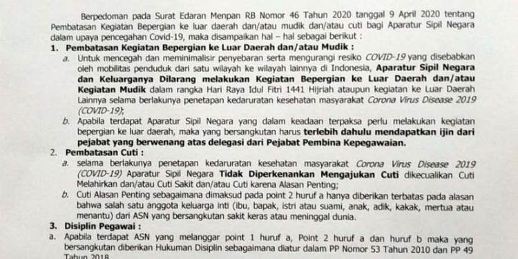 Berikut Isi Edaran Bupati Bolmong Terkait Pembatasan Cuti dan Mudik ASN