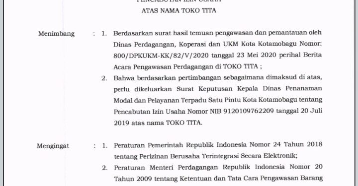 ‘Kumabal’, DPMPTSP Kotamobagu Mencabut Izin Usaha Toko Tita