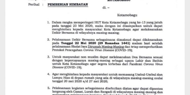 HUT Kotamobagu Diajak Zikir dan Doa di Masing-masing Wilayah