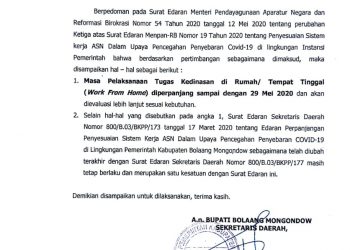 WFH Pemkab Bolmong Diperpanjang 