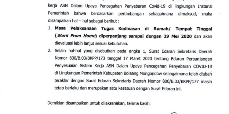 WFH Pemkab Bolmong Diperpanjang