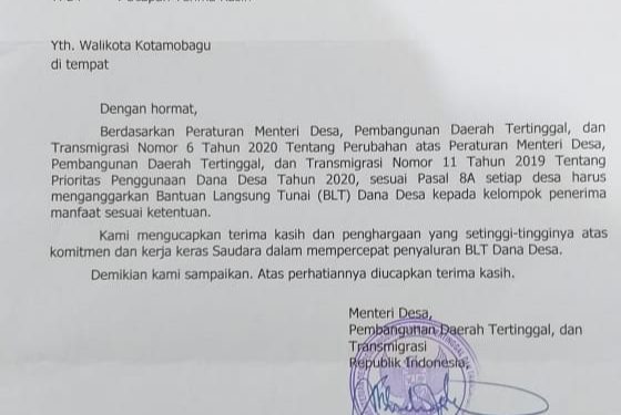 Menteri PDTT RI Apresiasi Penyaluran BLT DanDes Kotamobagu