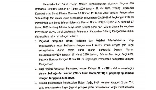 Perpanjang WFH, Pemkab Bolmong Keluarkan SE