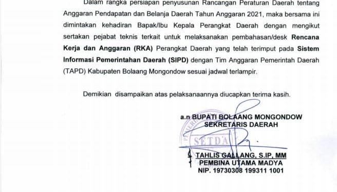 Pemkab Bolmong Jadwalkan SKPD Untuk Desk RKA TA. 2021