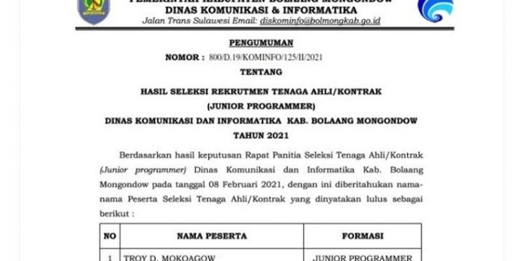 Diskominfo Bolmong Umumkan Hasil Seleksi Tenaga Ahli Programmer