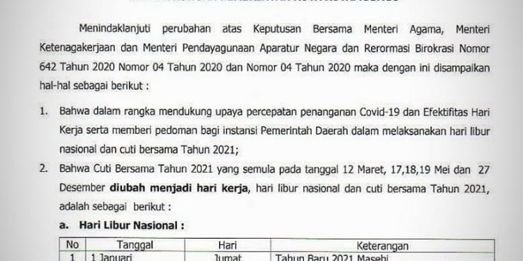 Berikut Libur Nasional dan Cuti Bersama Tahun 2021