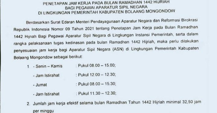 Pemkab Bolmong Keluarkan Edaran Jam Kerja di Bulan Ramadhan