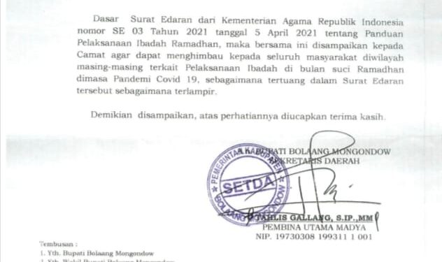 Pemkab Bolmong Imbau Warga Patuhi Protokol Kesehatan Covid-19 di Bulan Ramadhan