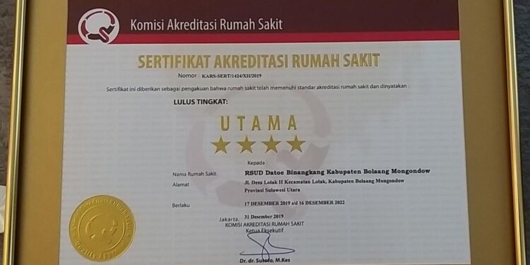 RSUD Datoe Binangkang Terima Sertifikat Bintang Empat