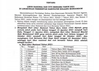 Pemkab Bolmong Keluarkan Surat Edaran Libur Nasional dan Cuti Bersama