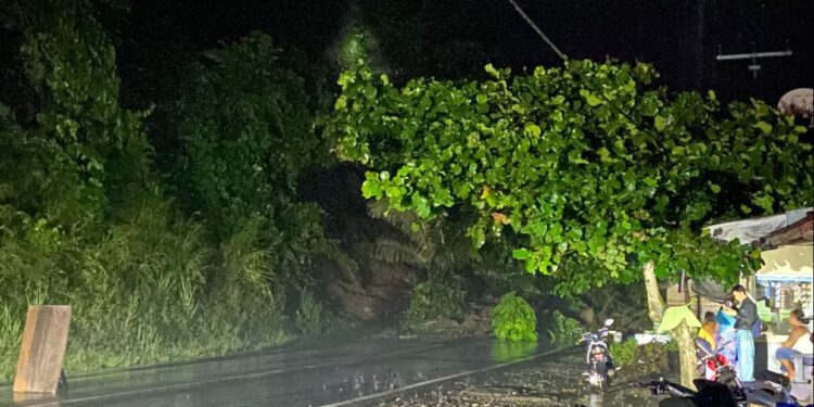 Jalan AKD Penghubung Bolmong dan Kotamobagu di Desa Komangaan Tertutup Longsor