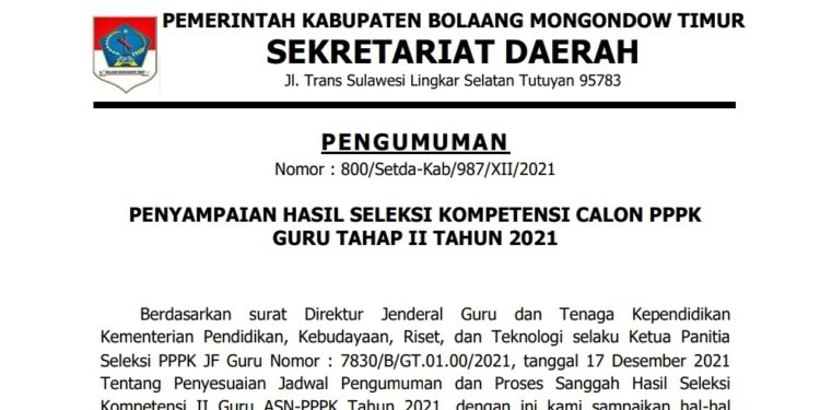 Berikut Hasil Seleksi PPPK Guru Tahap II Kabupaten Boltim