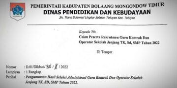 Berikut Pengumuman Seleksi Administrasi Guru Kontrak dan Operator Jenjang TK, SD, SMP Boltim