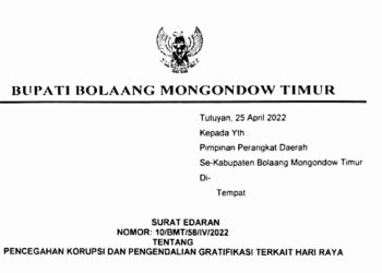 Tindak Lanjut Edaran KPK, Bupati Boltim Terbitkan SE Pencegahan Korupsi dan Pengendalian Gratifikasi