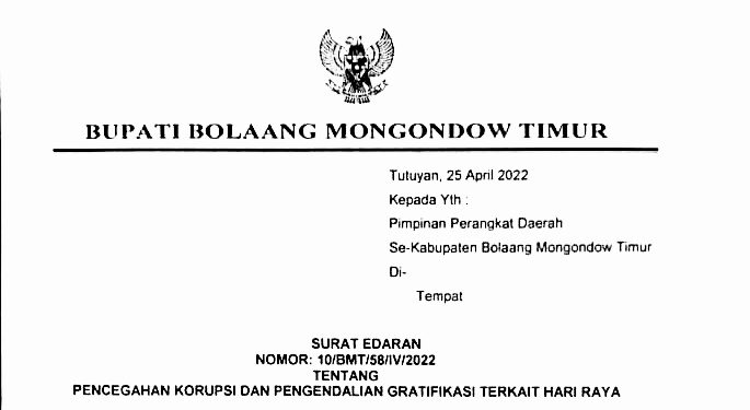 Tindak Lanjut Edaran KPK, Bupati Boltim Terbitkan SE Pencegahan Korupsi dan Pengendalian Gratifikasi