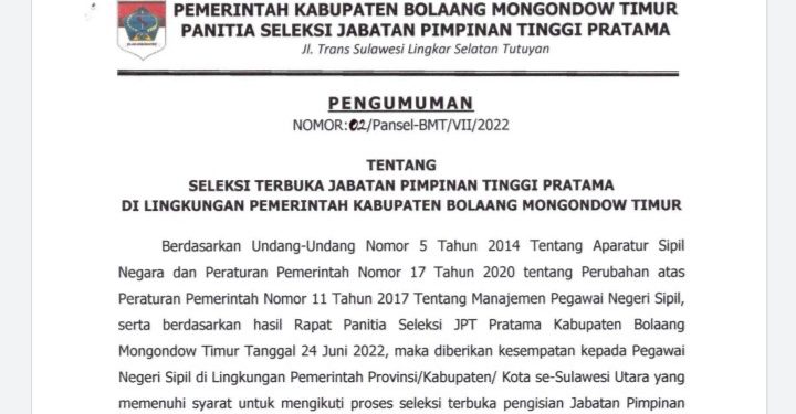 Pemkab Boltim Buka Lelang 3 Jabatan, Ini Persyaratannya