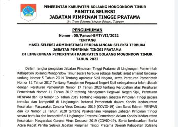 Pansel JPTP Pemkab Boltim Umumkan Hasil Seleksi Administrasi, Berikut Isinya