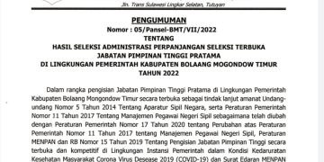 Pansel JPTP Pemkab Boltim Umumkan Hasil Seleksi Administrasi, Berikut Isinya