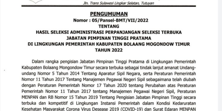 Pansel JPTP Pemkab Boltim Umumkan Hasil Seleksi Administrasi, Berikut Isinya