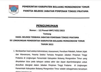Selter JPTP Pemkab Boltim, Berikut Pejabat yang Raih Nilai Terbaik