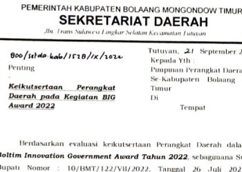 Perangkat Daerah di Boltim Wajib Ikut BIG Award 202