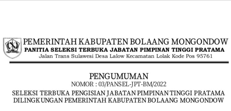 Pemkab Bolmong Buka Seleksi Tiga Jabatan Tinggi Pratama
