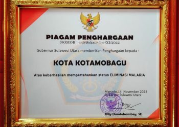 Pertahankan Status Eliminasi Malaria, Kotamobagu Raih Penghargaan dari Gubernur Sulut