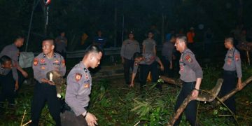 1 Peleton Pasukan Samapta Polda Sulut Evakuasi Pohon Tumbang di Jalan Lumimuut Manado