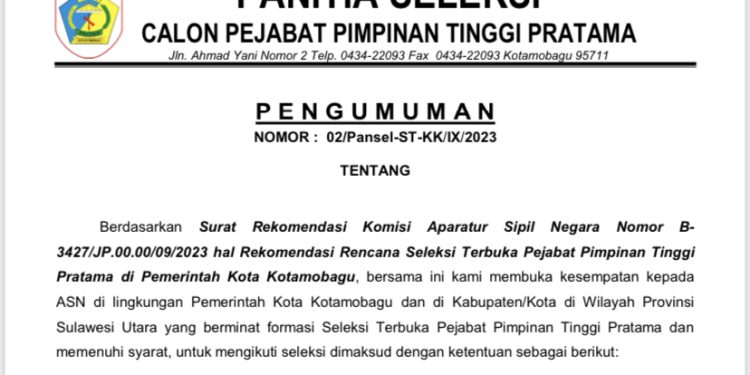 Pemkot Kotamobagu Gelar Seleksi Terbuka Jabatan Pimpinan Tinggi Pratama