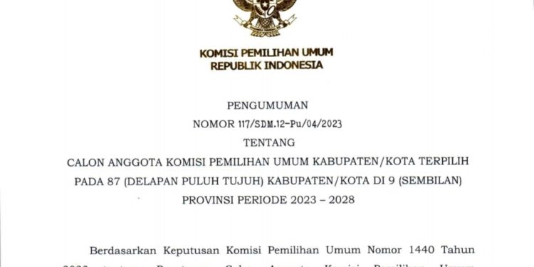 Foto : Surat Pengumuman rekrutmen Komisi Pemilihan Umum di 87 kabupaten/kota