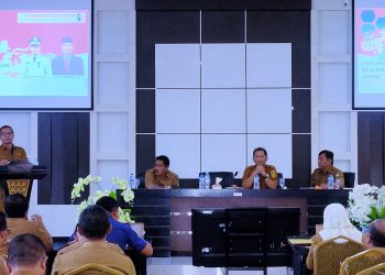 Foto : Pj Bupati Bolmut, Sirajudin Lasena, saat menyampaikan sambutannya pada kegiatan evaluasi dan pengawasan realisasi anggaran.