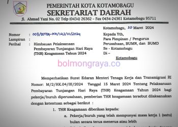 Pemkot Terbitkan SE Pembayaran THR Keagamaan 2024 bagi Pekerja/Buruh Perusahaan di Kotamobagu