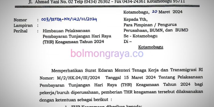 Pemkot Terbitkan SE Pembayaran THR Keagamaan 2024 bagi Pekerja/Buruh Perusahaan di Kotamobagu