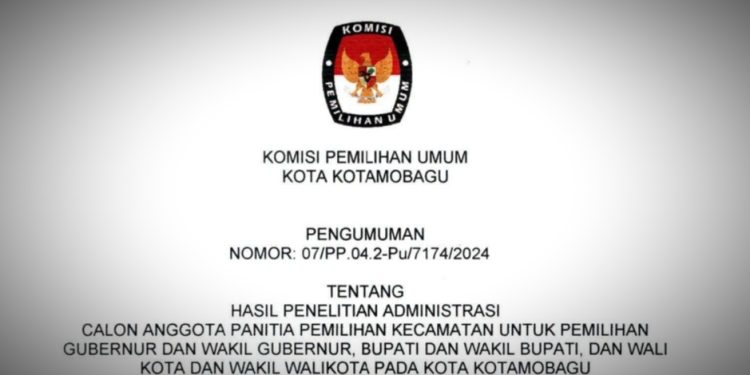 KPU Kotamobagu Umumkan Hasil Penelitian Administrasi PPK Pilkada 2024, Berikut Daftarnya