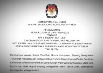 KPU Boltim Umumkan Hasil Seleksi Tertulis Calon PPK Pilkada 2024, Berikut Daftarnya