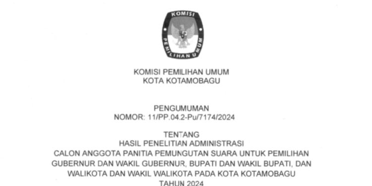 KPU Kotamobagu Umumkan Hasil Penelitian Administrasi Calon PPS Pilkada Serentak 2024