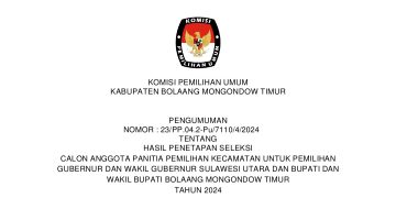 KPU Boltim Resmi Umumkan PPK Terpilih untuk Pilkada 2024