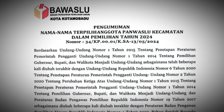Resmi Diumumkan, Berikut 12 Anggota Panwascam se Kota Kotamobagu untuk Pilkada 2024