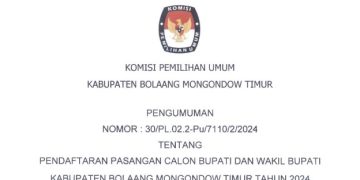 Resmi Diumumkan KPU Boltim, Berikut Ketentuan Pendaftaran Paslon Bupati dan Wakil Bupati