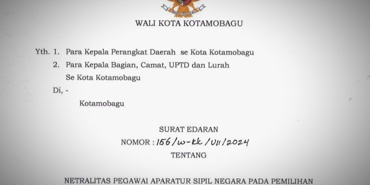Terbitkan Surat Edaran, ASN Pemkot Kotamobagu Diminta Netral Dalam Pilkada Serentak 2024