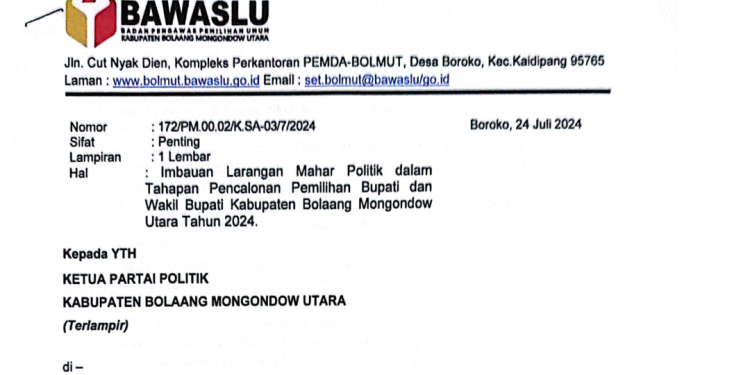 Foto : Imabuan Bawaslu Bolmut terkait Larangan Praktik Mahar Politik