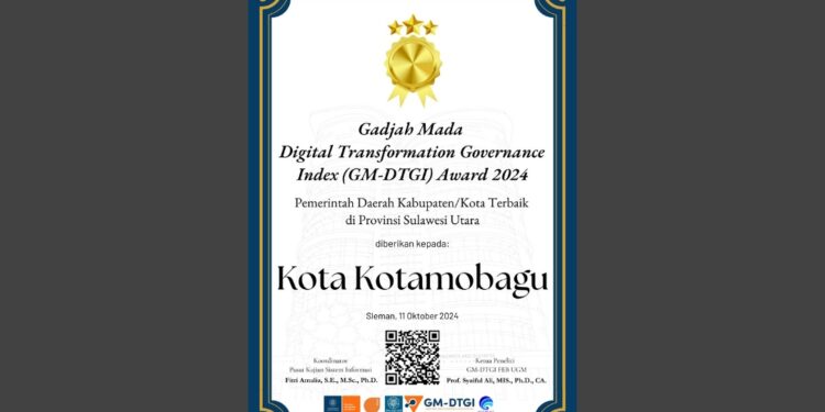 Terbaik se-Sulut dalam Transformasi Digital, Pemkot Kotamobagu Raih GM-DTGI Award 2024