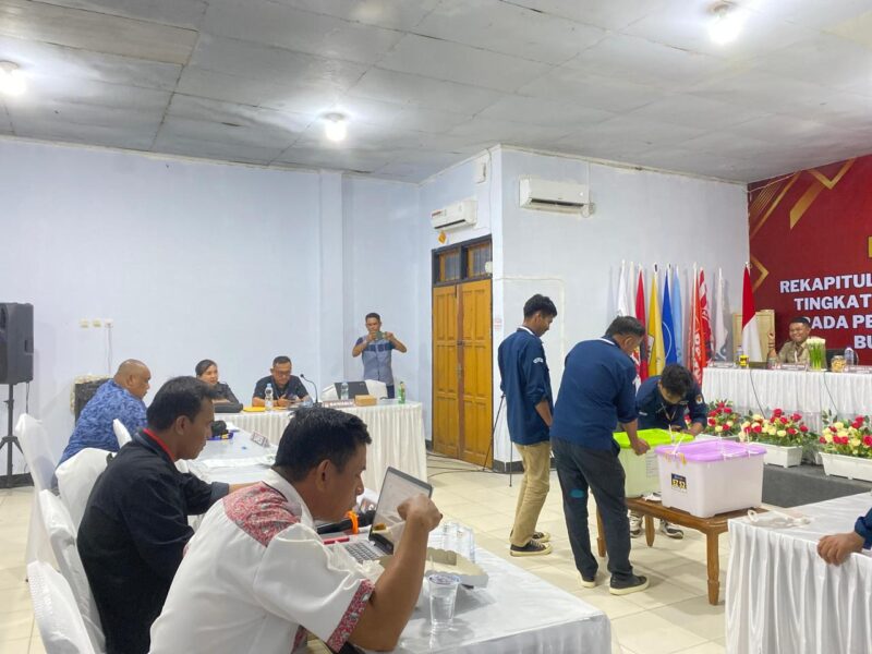 Foto : Tampak jajaran Bawaslu Bolmut sedang mengawasi jalannya rekapitulasi hasil Pilkada di Bolmut