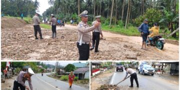 Dipimpin Kasat, Personil Satlantas Polres Kotamobagu Pulihkan Akses Jalan Akibat Banjir
