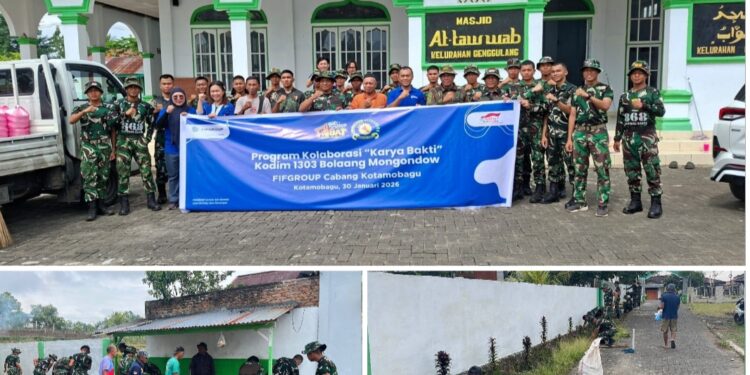 Kolaborasi, Kodim 1303/Bolmong dan FIF Group Gelar Karya Bakti di Rumah Ibadah
